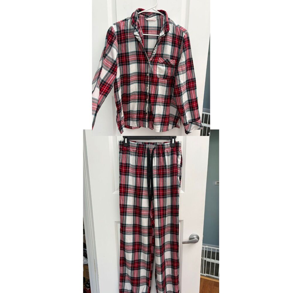 Victorias Secret Womens S Red Plaid Flannel Lurex Metallic Pajama Set Christmas